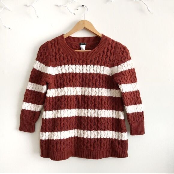 J. Crew factory stripe cable-knit link crewneck sweater Small 100% Wool - Picture 1 of 5